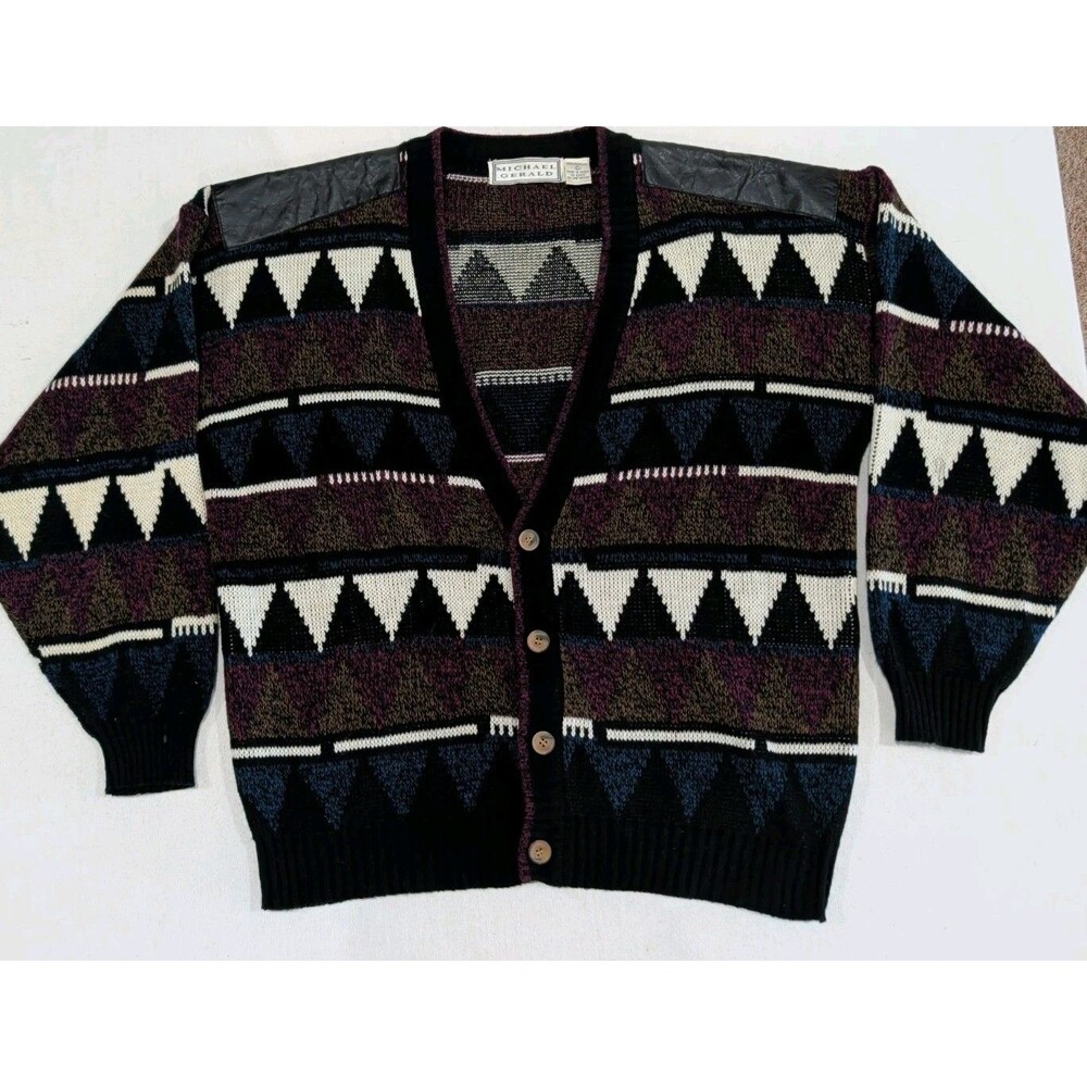 Vintage Michael Gerald Cardigan Sweater Geometric Collegiate Acrylic Mens Large